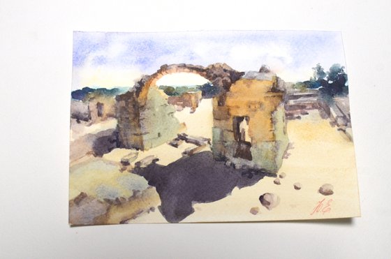 Ruins of Paphos, Small watercolor. Archeology of Cyprus