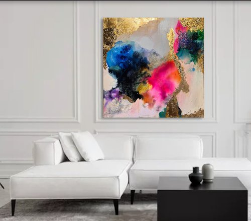 large colorful abstract with gold leaf pink blue green painting rainbow abstract by Henrieta Angel