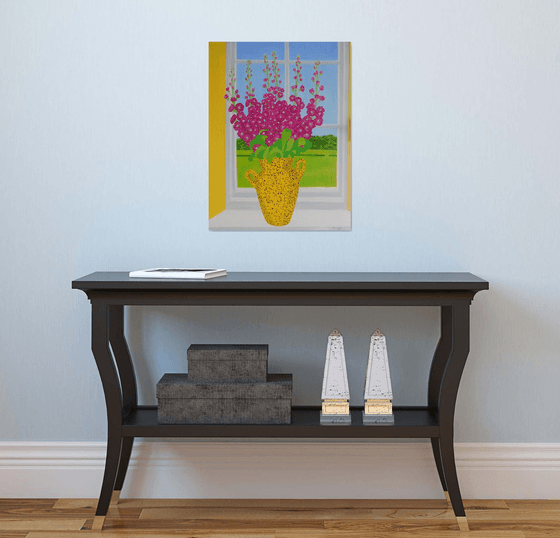 Magenta Stocks in a Yellow and Black Spotted Vase