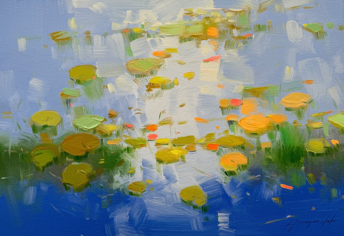 Impressionistic Botanical Oil Painting By Vahe Yeremyan, 22 X 15", Waterlilies, Original Artwork