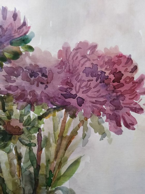 Asters in vase. Original watercolour painting.