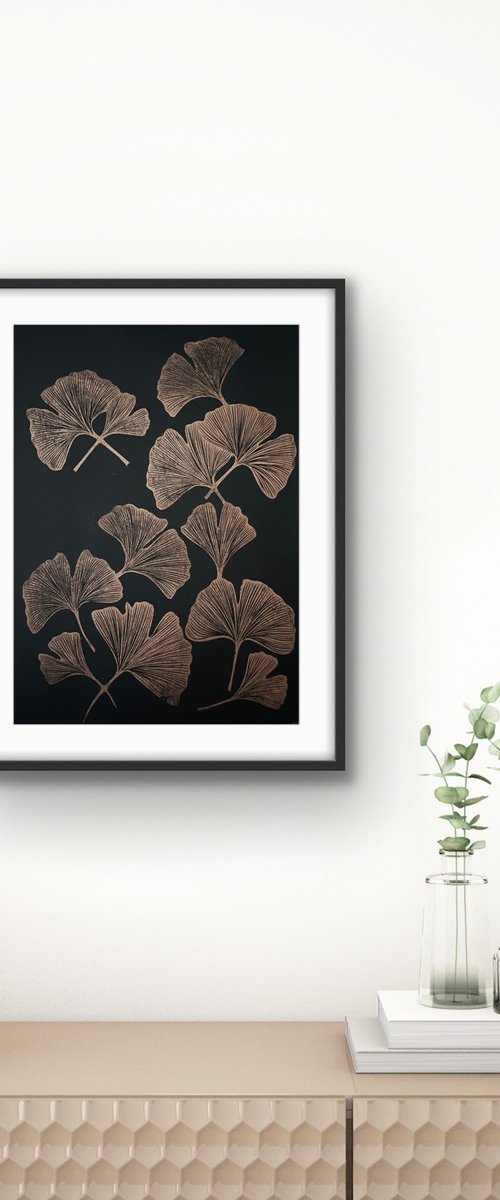 Ginkgo Leaves Linocut by Amy Cundall