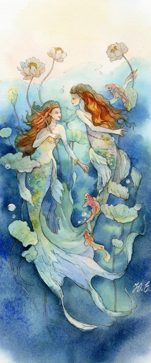 Fantasy red-haired twins, Two mermaid sisters by Yulia Evsyukova