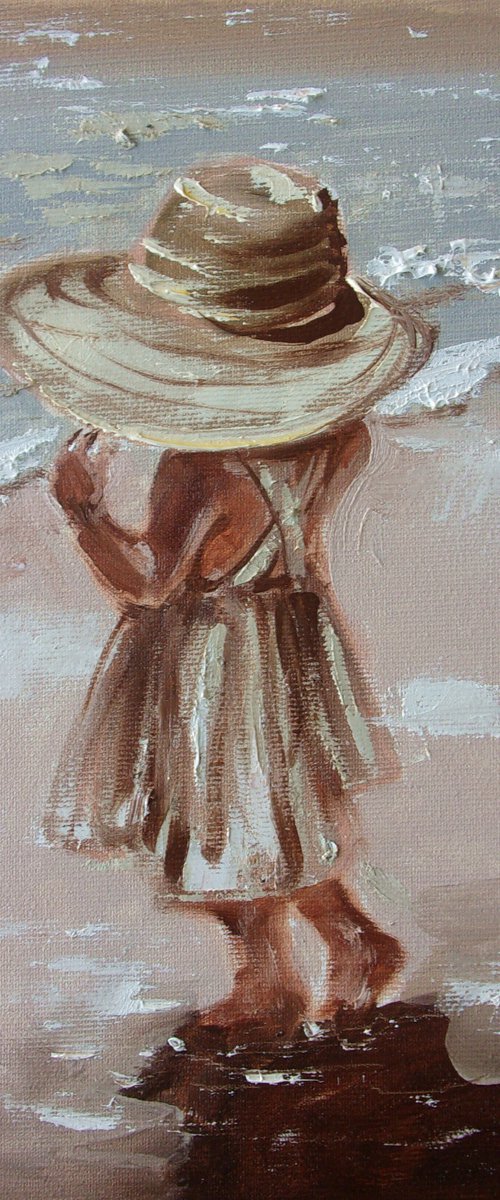 " NEW HAT " SUN SKY SEA SAND liGHt  ORIGINAL OIL PAINTING, GIFT, PALETTE KNIFE by Monika Luniak