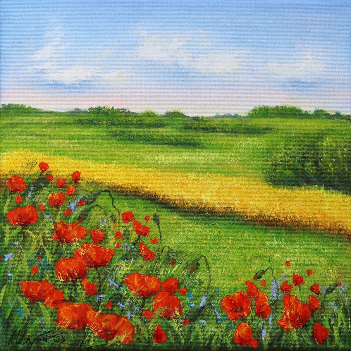 Impressionistic Landscape Oil Painting By Ludmilla Ukrow, 12 X 12", Red Poppies Field, Original Artwork
