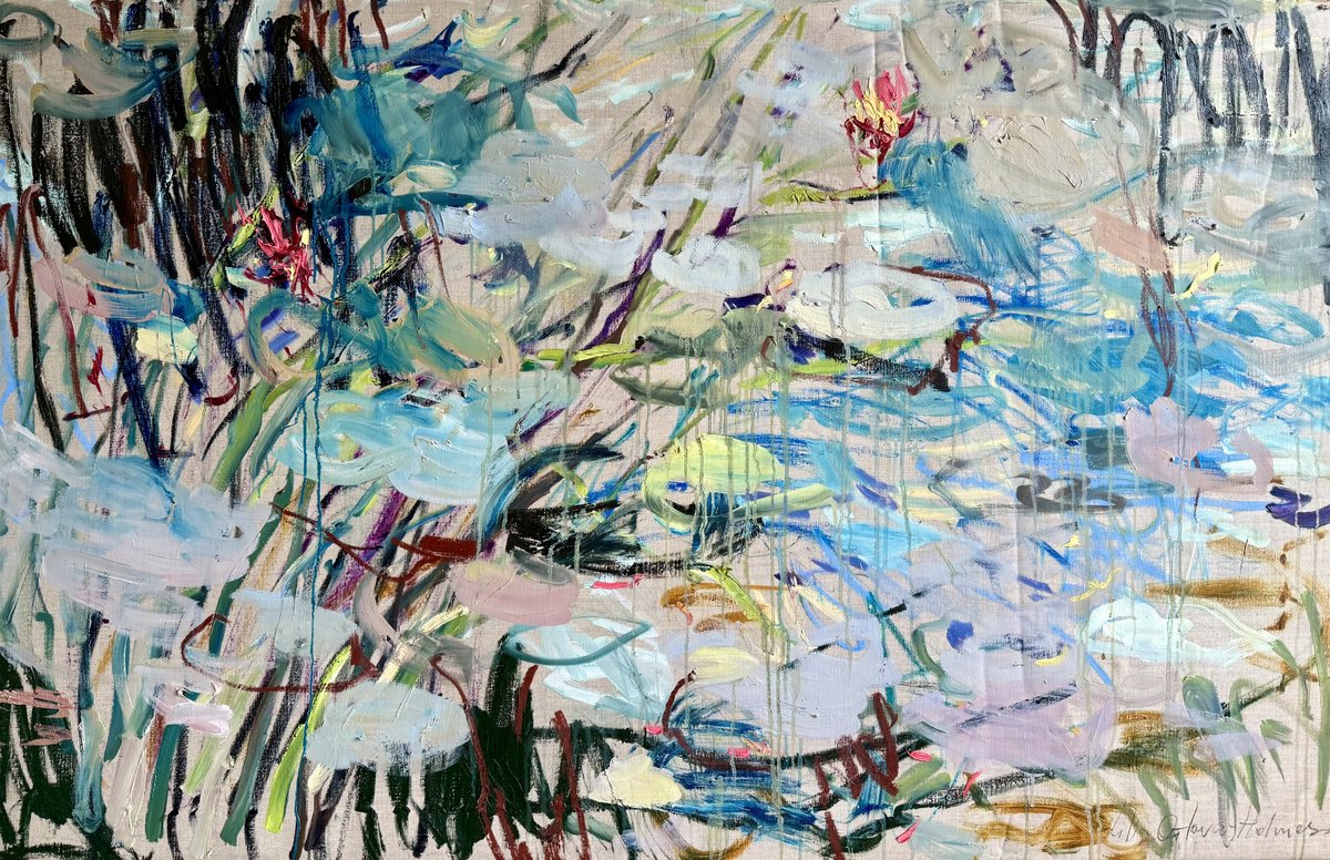 Expressive Landscape Oil Painting By Lilia Orlova-Holmes, 55 X 35", Spring Pond., Original Artwork