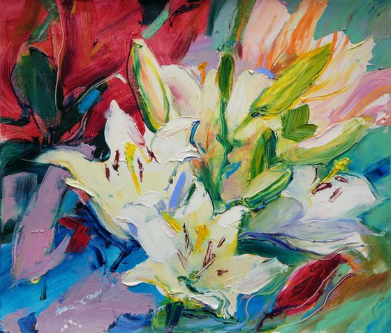 Expressive lilies. Summer sketches. Original plein air oil painting
