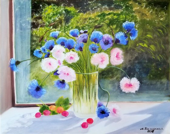 Vase with Cornflowers and Daisies. Oil on Canvas. 16" x 20". 40,64 x 50,8 cm.