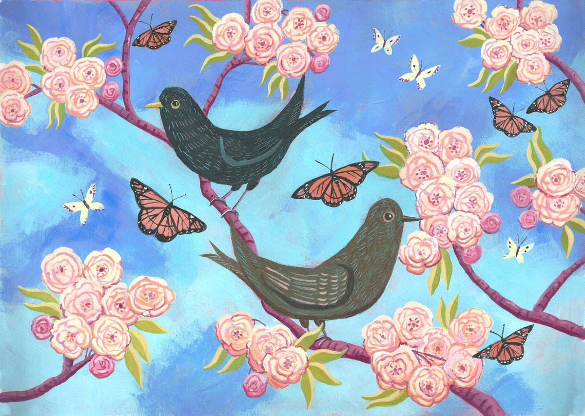 Naive Animal Acrylic Painting By Mary Stubberfield, 15 X 11", Blackbirds And Blossom, Original Artwork