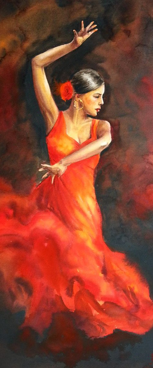 Flamenco Dancer in Red Dress # by Olga Beliaeva Watercolour