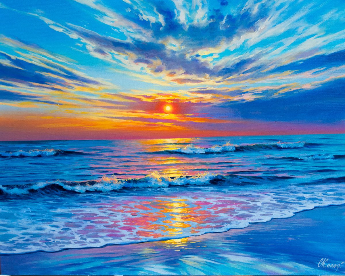 Impressionistic Landscape Oil Painting By Kolodyazhniy Sergey, 20 X 16", Ocean Shore, Original Artwork