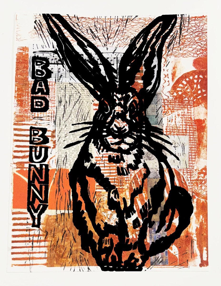 Illustrative Linocut , Bad Bunny 2 By Laurel Macdonald, 9 X 12, Artwork For Sale On Artfinder