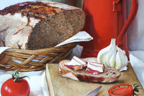 Still life with red coffee pot and bread