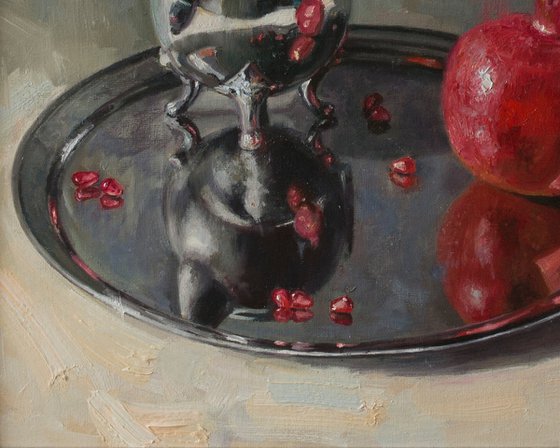 "Reflections" still life pomegranate metal silver white liGHt original painting  GIFT (2019)