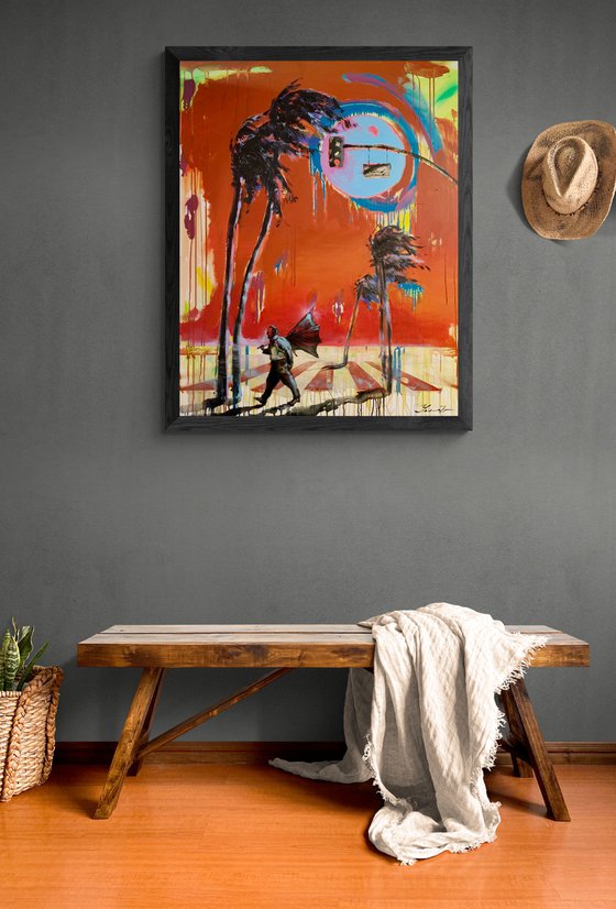 Big painting - "Against the wind" - Palms - Sunset - Urban - 2022