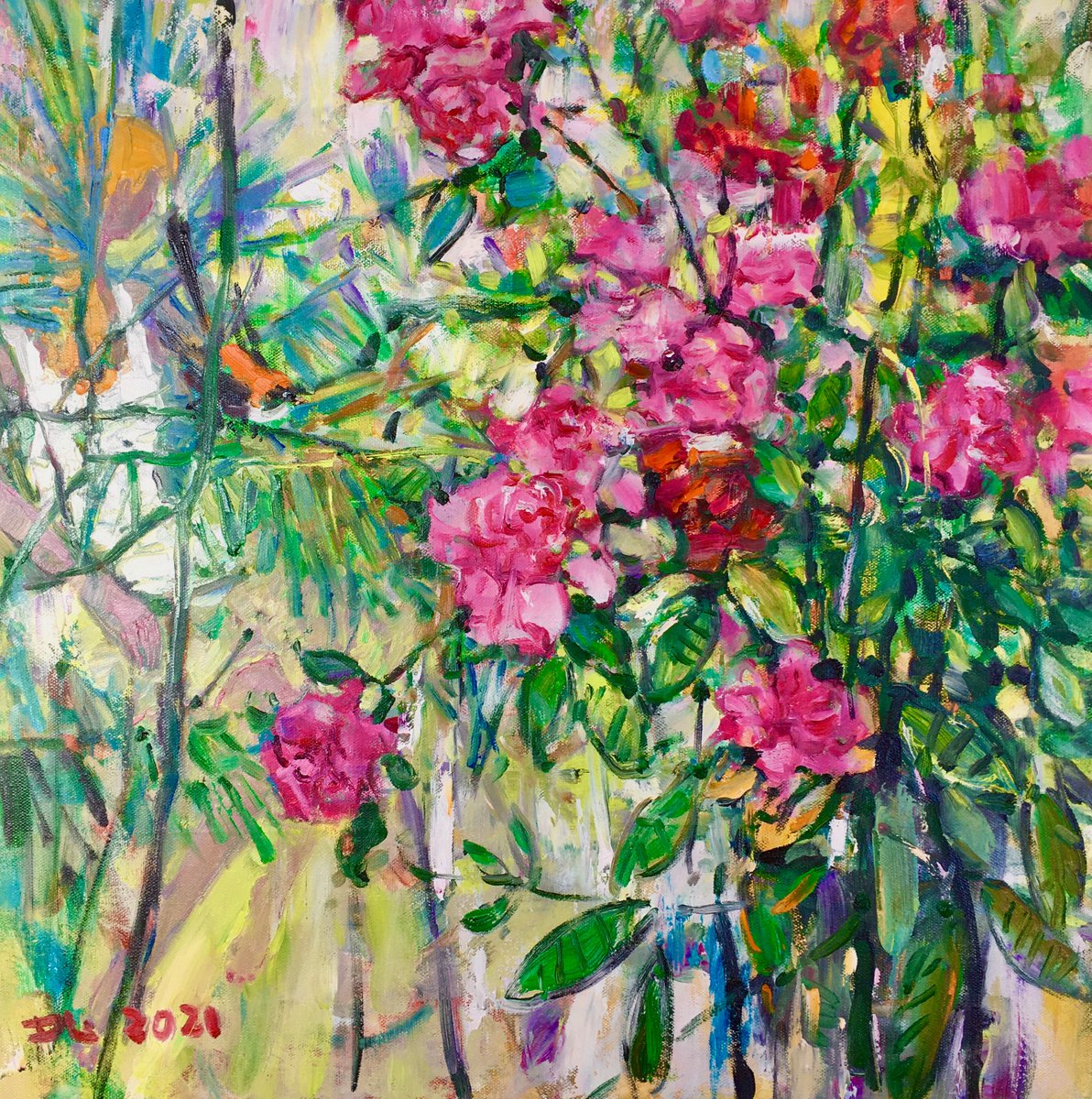 Impressionistic Botanical Oil Painting By Dong Lin Zhang, 24 X 24, Summer Days, Original Artwork