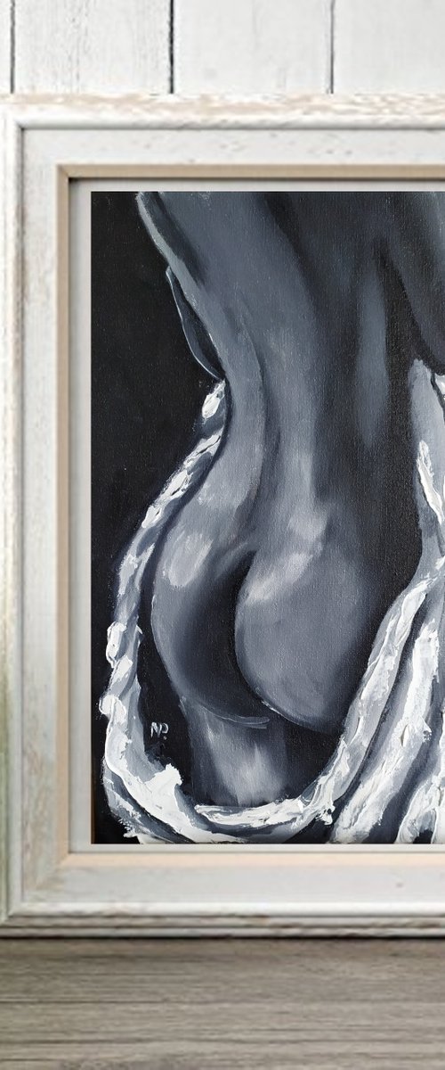First time, small nude erotic oil painting, black and white woman art by Nataliia Plakhotnyk