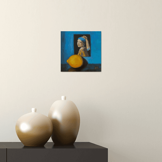 Vermeer's Girl with a Pearl Earring & a Lemon Life original oil realism painting.