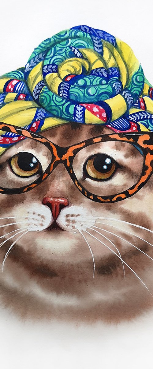 Lady Cat in Glasses by Olga Beliaeva Watercolour