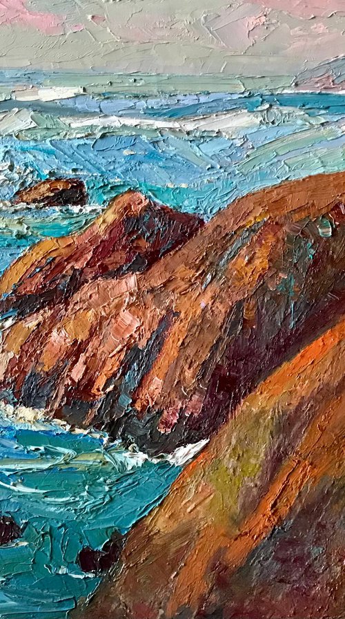 Rocks at the shore, seascape oil painting by Padmaja Madhu