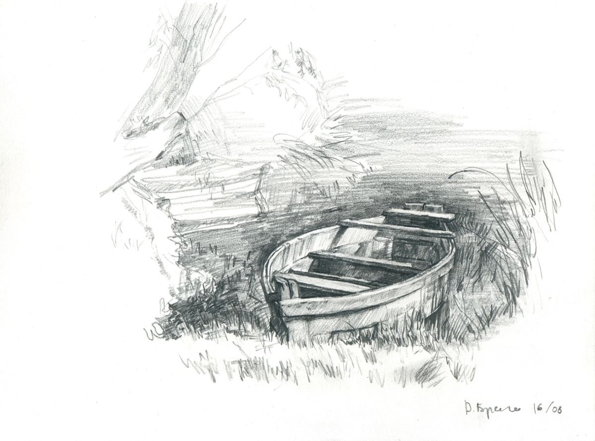 Graphic Landscape Pencil Drawing By Dima Braga, 11 X 8, A Boat, Original Artwork