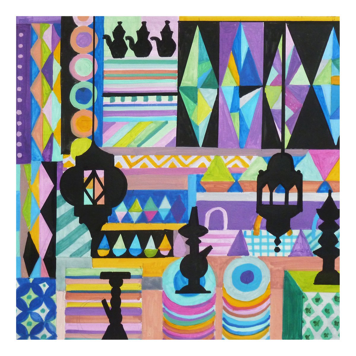Graphic Acrylic Painting , Marrakesh-Souk_02 By Andre Baldet, 13 X 13, Artwork For Sale On Artfinder