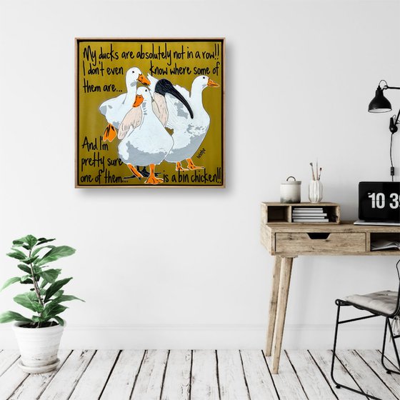 Ducks in a Row Gold Bin Chicken Framed