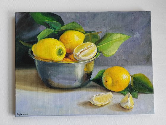 Lemon fruit slices in metal bowl oil painting still life