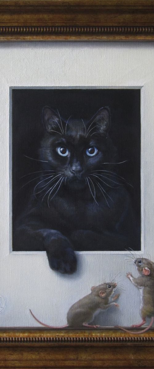 Trompe l'oeil with cat and mice by Yuriy Matrosov