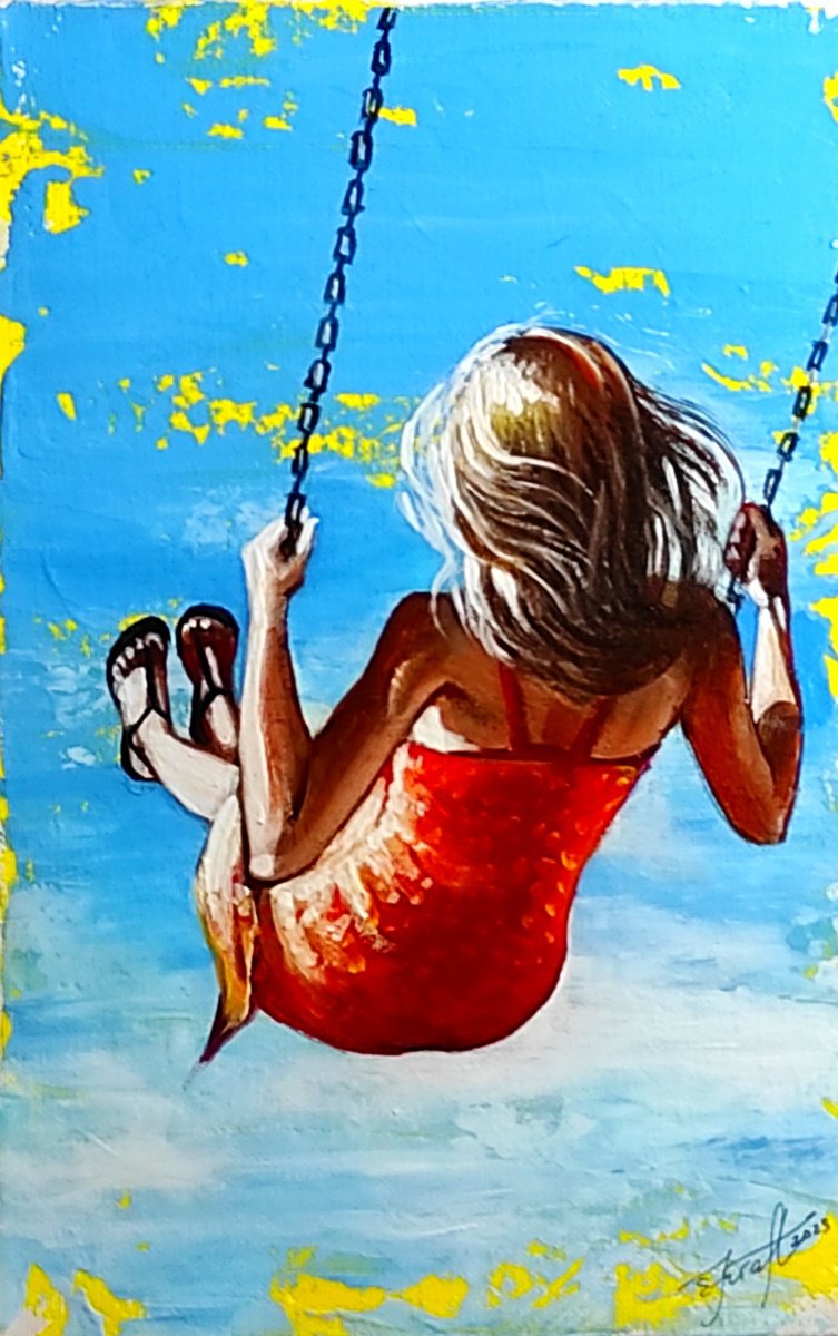 Expressive Portrait Acrylic Painting By Elena Kraft, 8 X 12, Summer Swing, Original Artwork