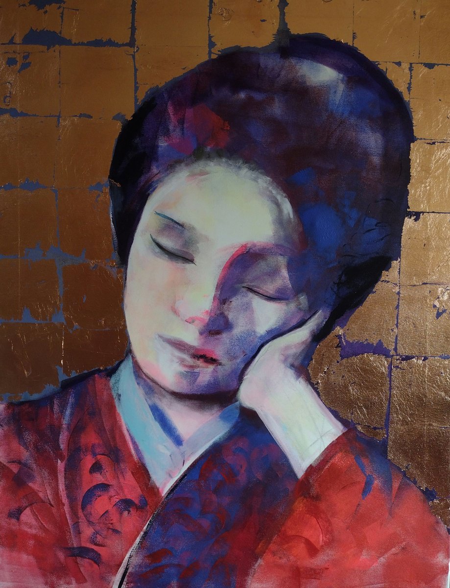 Expressive Portrait Acrylic Painting By Marina Del Pozo, 35 X 46", Sleepy Mood, Original Artwork