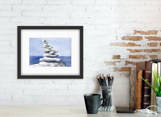 Pyramid of stones. Original watercolor artwork.