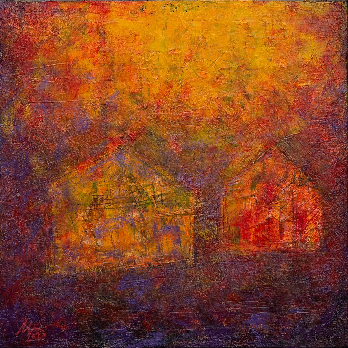 Village at dawn - Abstract painting by Peter Zelei