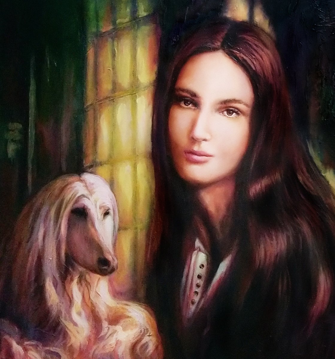 Impressionistic Portrait Oil Painting By Ilgonis Rinkis, 28 X 28, Woman With Wind Dog, Original Artwork