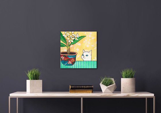"Curious cat and plumeria in red floral pot." Maximalist Modern Matisse-Inspired Original Painting