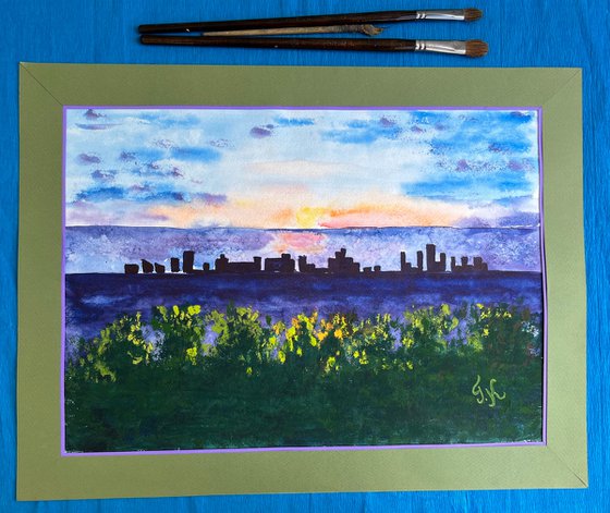Skyline Painting Ocean Original Art City Watercolor Sea Town Artwork Small Wall Art 17 by 12" by Halyna Kirichenko
