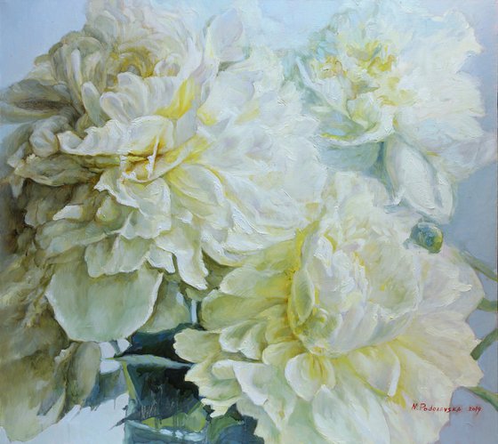 Three white peonies 90x80