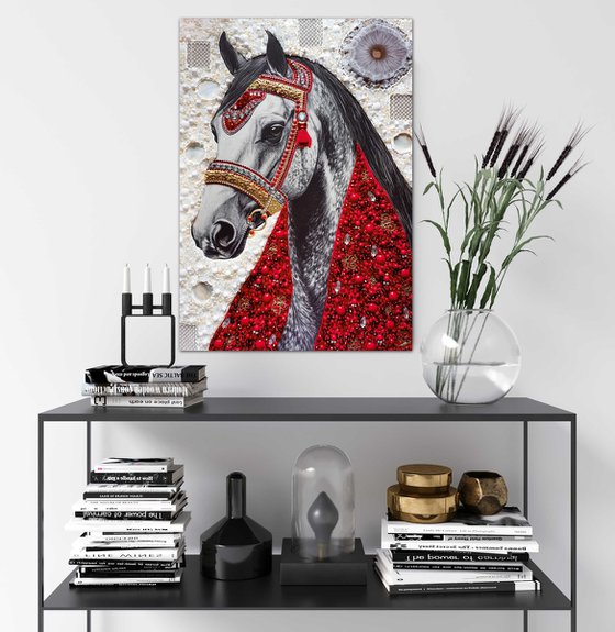 White horse in a red scarf