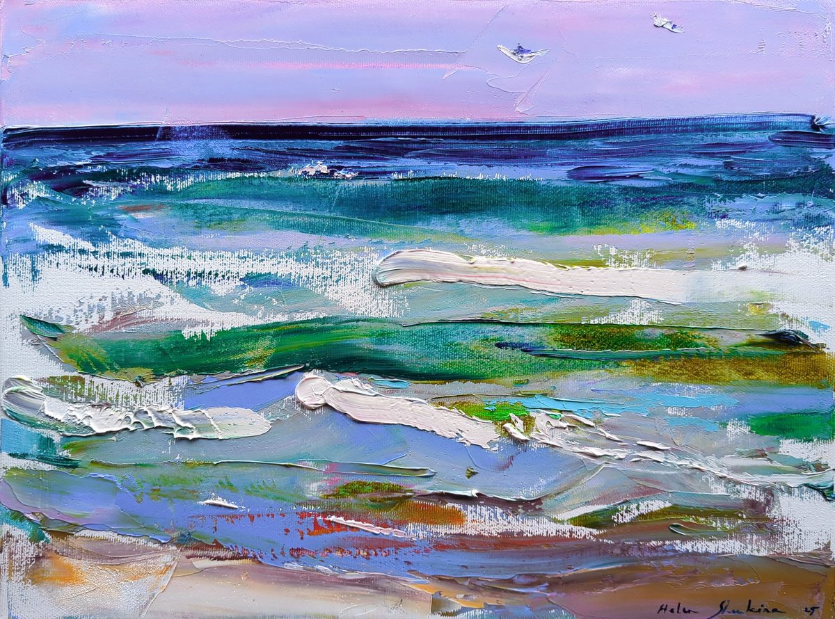 Expressive Landscape Oil Painting By Helen Shukina, 16 X 12, Sun , Sea And Waves, Original Artwork