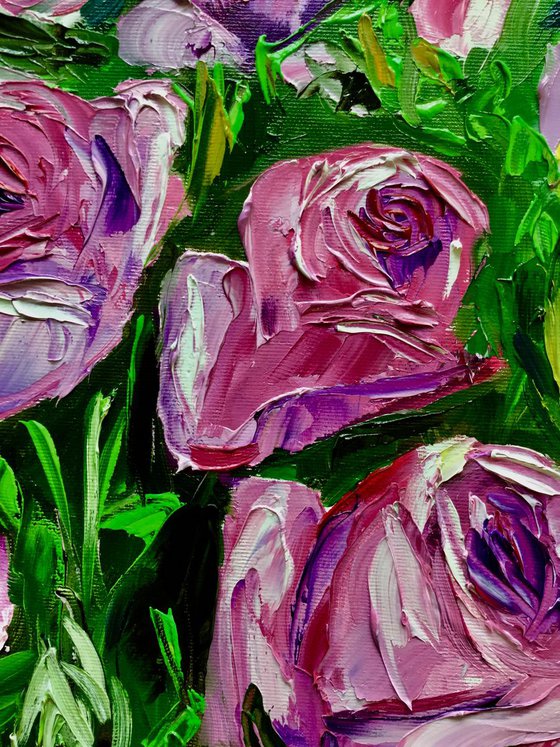 PINK PURPLE ROSES  palette knife modern still life  flowers office home decor gift