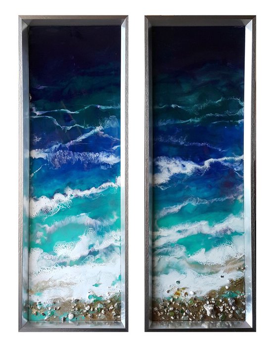Diptych Azure sea - original resin painting, frame