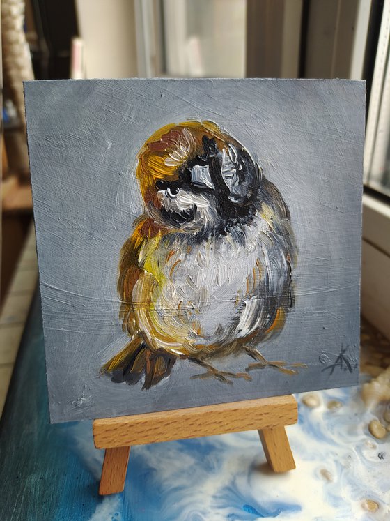 Sparrow - birds, oil painting, animal, bird sparrow, gift idea, small size, postcard size, postcards