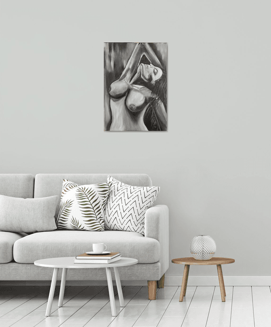 Desire, nude erotic black and white girl oil painting, art for home, Gift