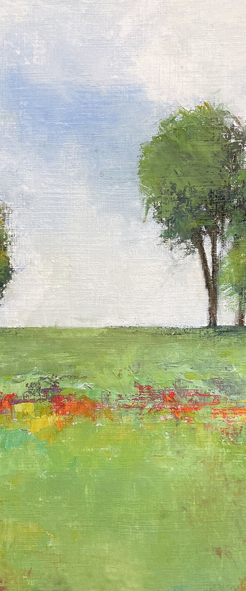 Spring Flowers 221106, tree and green field impressionist landscape painting by Don Bishop
