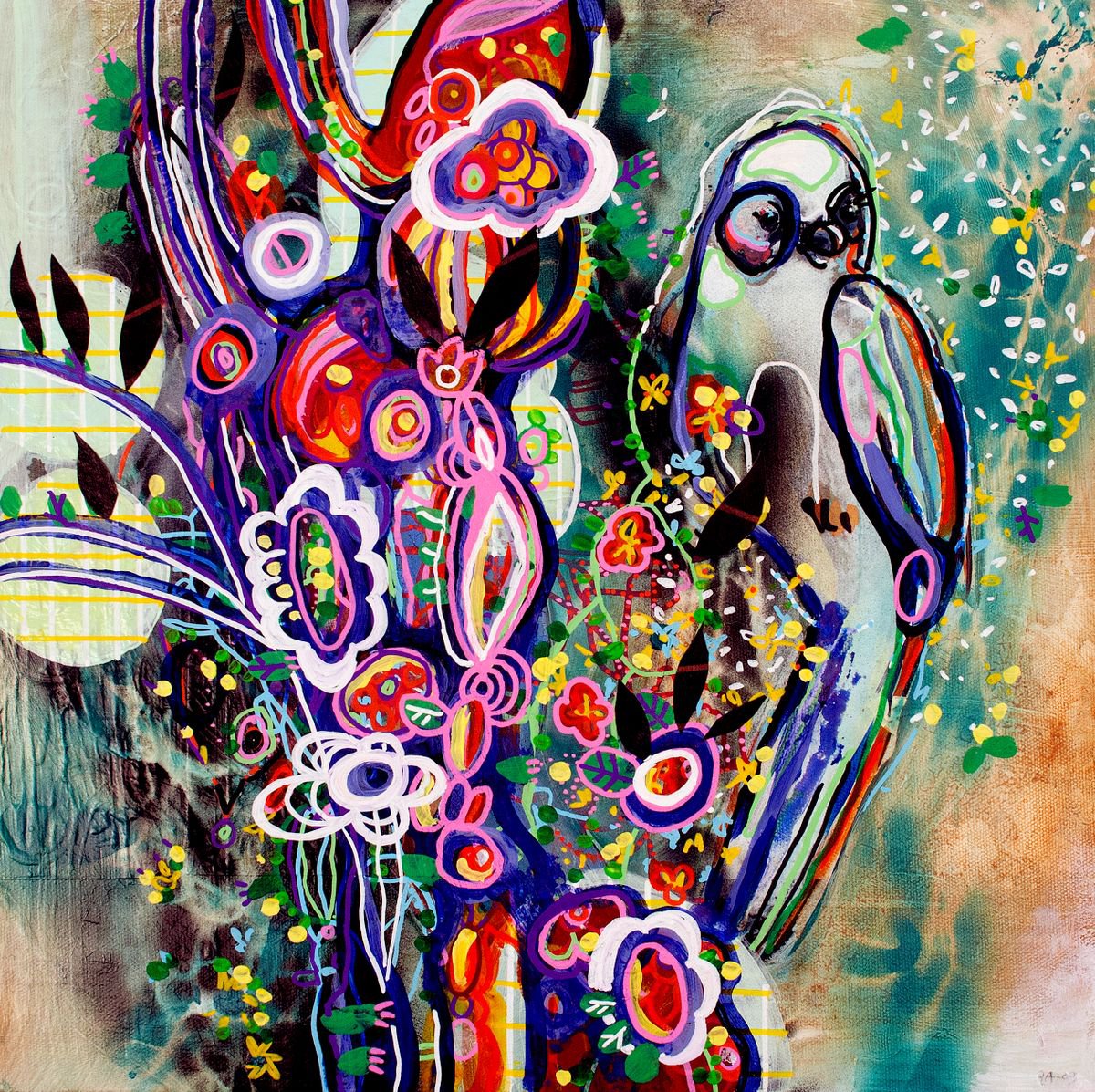 Organic Abstract Acrylic Painting By Randi Antonsen, 16 X 16", Looking For A Friend, Original Artwork