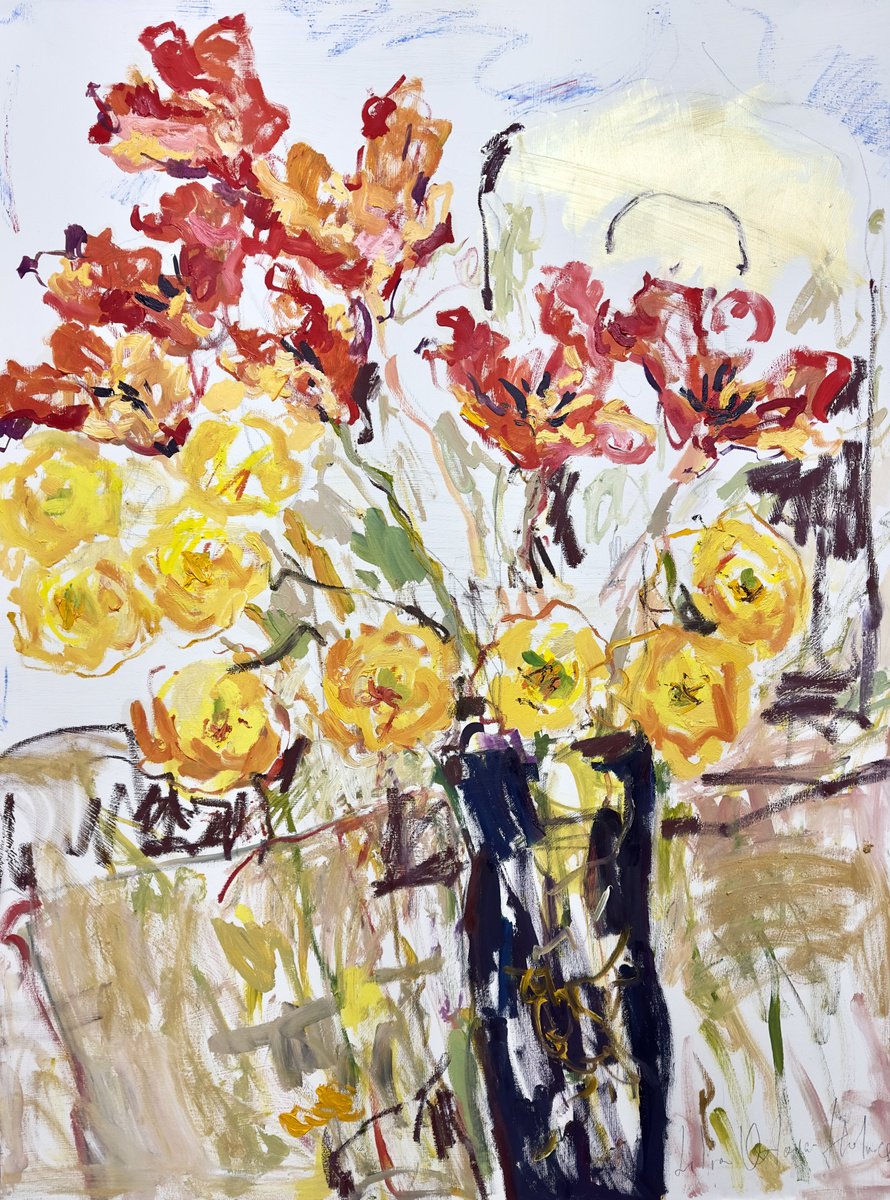 Impressionistic Botanical Oil Painting By Lilia Orlova-Holmes, 35 X 47", Vase Of Flowers, Original Artwork