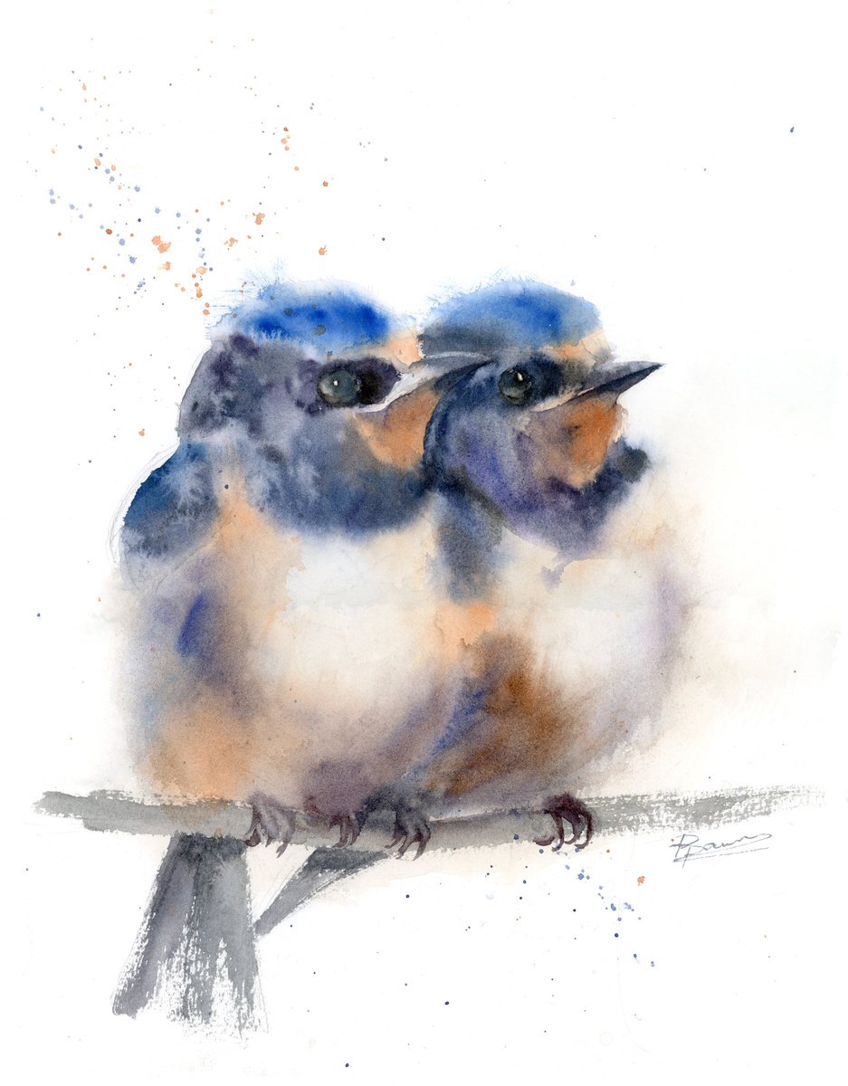 Impressionistic Animal Watercolour By Olga Tchefranov (Shefranov), 11 X 15", Pair Of Barn Swallows, Original Artwork