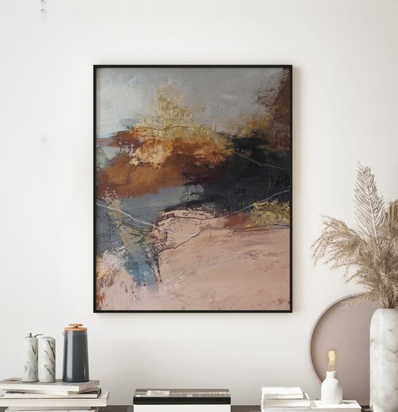 "Orange Flight 4" Abstract brown gray gold
