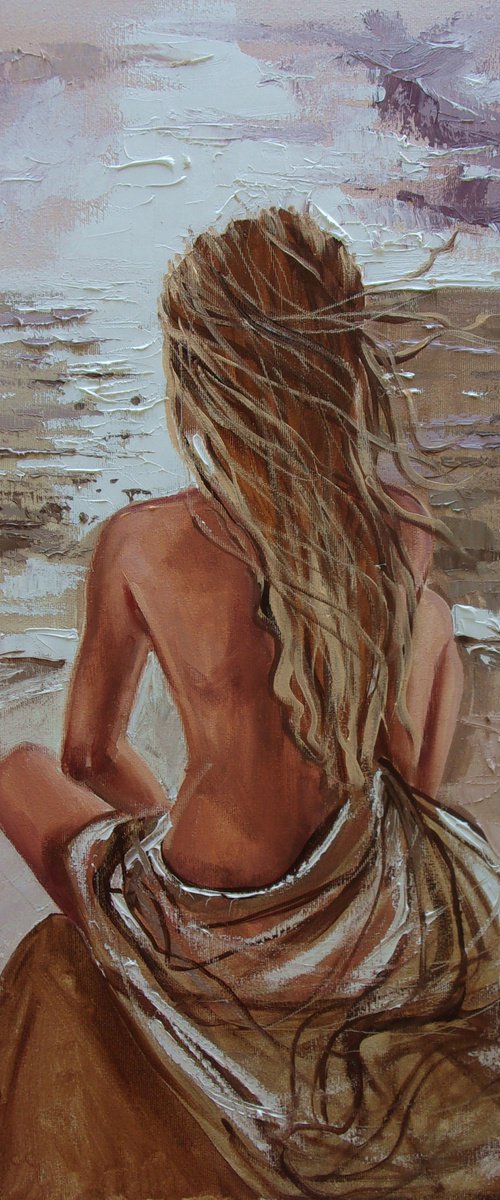 " SUNRISE " SUN SKY SEA SAND liGHt  ORIGINAL OIL PAINTING, GIFT, PALETTE KNIFE by Monika Luniak