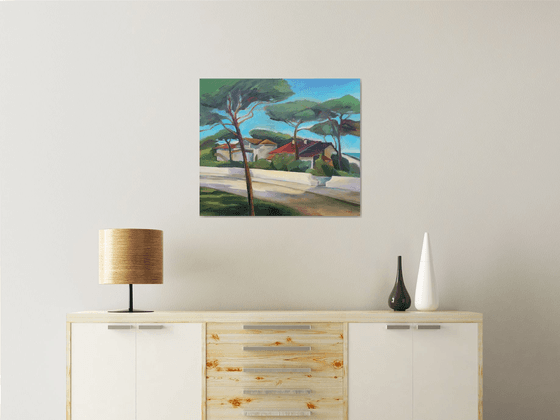 ITALY. NOON - oilpainting on canvas Italian landscape green pine trees sea blue sky idea for present gift home decor